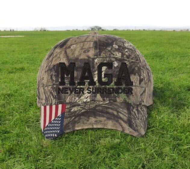 Trump 2024 hat MAGA Never Surrender Mossy Oak Adjustable hat with Flag Brim MAGA