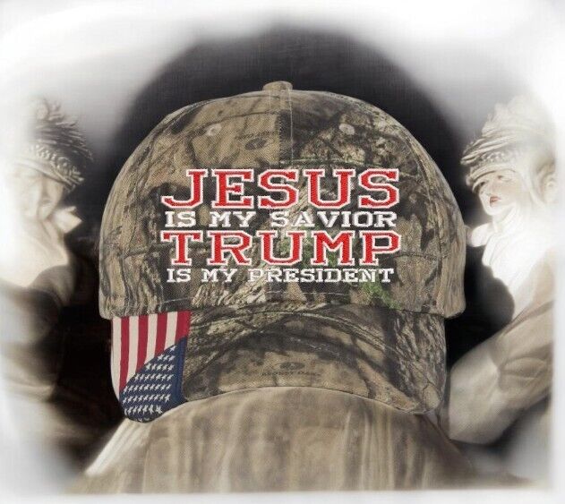 Jesus is my savior Trump is my President Trump Hat - Mossy Oak Camo w/ USA Flag