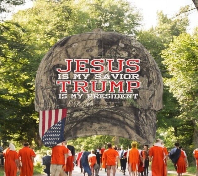 Jesus is my savior Trump is my President Trump Hat - Mossy Oak Camo w/ USA Flag