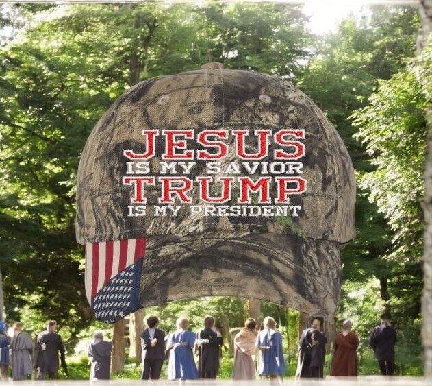 Jesus is my savior Trump is my President Trump Hat - Mossy Oak Camo w/ USA Flag