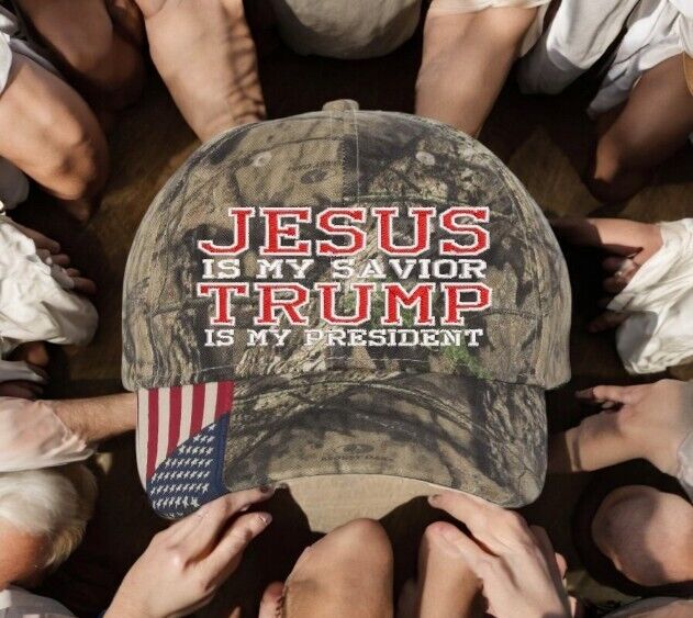 Jesus is my savior Trump is my President Trump Hat - Mossy Oak Camo w/ USA Flag