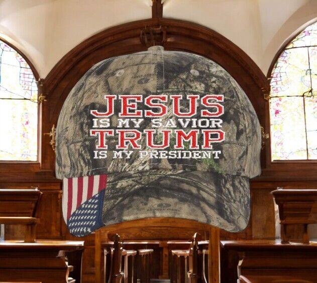 Jesus is my savior Trump is my President Trump Hat - Mossy Oak Camo w/ USA Flag