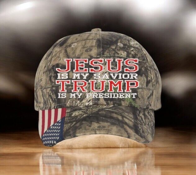 Jesus is my savior Trump is my President Trump Hat - Mossy Oak Camo w/ USA Flag