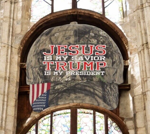 Jesus is my savior Trump is my President Trump Hat - Mossy Oak Camo w/ USA Flag