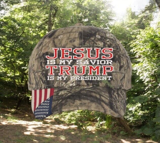 Jesus is my savior Trump is my President Trump Hat - Mossy Oak Camo w/ USA Flag