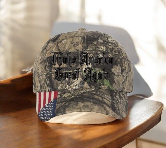 Trump 2024 Hat Dark MAGA Gothic President Trump Hat - Mossy Oak Camo w/ USA Flag