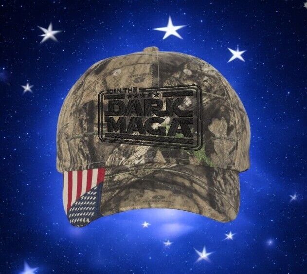 Trump 2024 Hat Join the DARK MAGA Trump Hat Adj. Mossy Oak Hat w USA Flag Brim