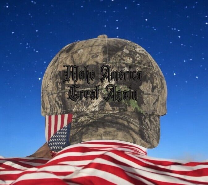 Trump 2024 Hat Dark MAGA Gothic President Trump Hat - Mossy Oak Camo w/ USA Flag