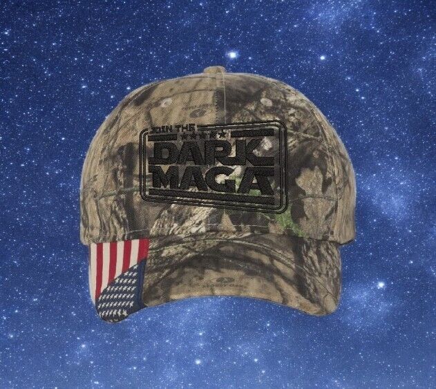 Trump 2024 Hat Join the DARK MAGA Trump Hat Adj. Mossy Oak Hat w USA Flag Brim