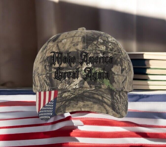 Trump 2024 Hat Dark MAGA Gothic President Trump Hat - Mossy Oak Camo w/ USA Flag