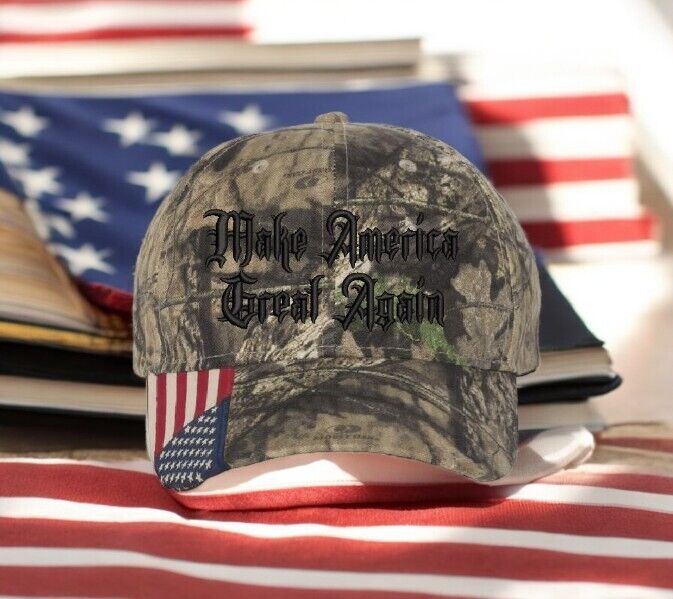 Trump 2024 Hat Dark MAGA Gothic President Trump Hat - Mossy Oak Camo w/ USA Flag