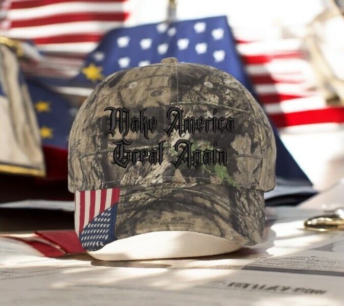 Trump 2024 Hat Dark MAGA Gothic President Trump Hat - Mossy Oak Camo w/ USA Flag