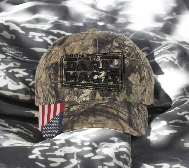 Trump 2024 Hat Join the DARK MAGA Trump Hat Adj. Mossy Oak Hat w USA Flag Brim