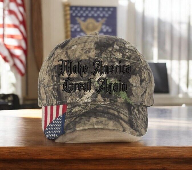 Trump 2024 Hat Dark MAGA Gothic President Trump Hat - Mossy Oak Camo w/ USA Flag