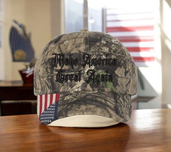 Trump 2024 Hat Dark MAGA Gothic President Trump Hat - Mossy Oak Camo w/ USA Flag