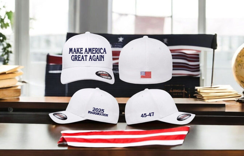 Donald Trump Inauguration Hat Flex Fit hat w/ 2025 Side, 45-47 and USA back flag