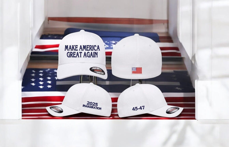 Donald Trump Inauguration Hat Flex Fit hat w/ 2025 Side, 45-47 and USA back flag