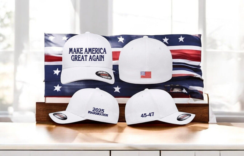 Donald Trump Inauguration Hat Flex Fit hat w/ 2025 Side, 45-47 and USA back flag