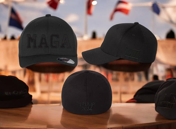 Trump Hat MAGA Hat Making America Great Fitted Black Hat with Side Flag, Trump 2024 on the back. Trump Hat, Trump 2024 Make America Great MAGA Trump hat political support hat