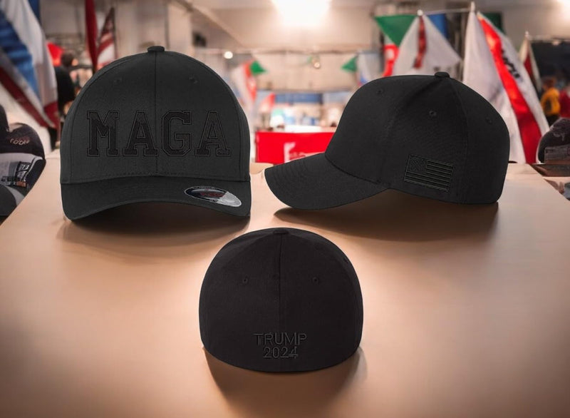 Trump Hat MAGA Hat Making America Great Fitted Black Hat with Side Flag, Trump 2024 on the back. Trump Hat, Trump 2024 Make America Great MAGA Trump hat political support hat