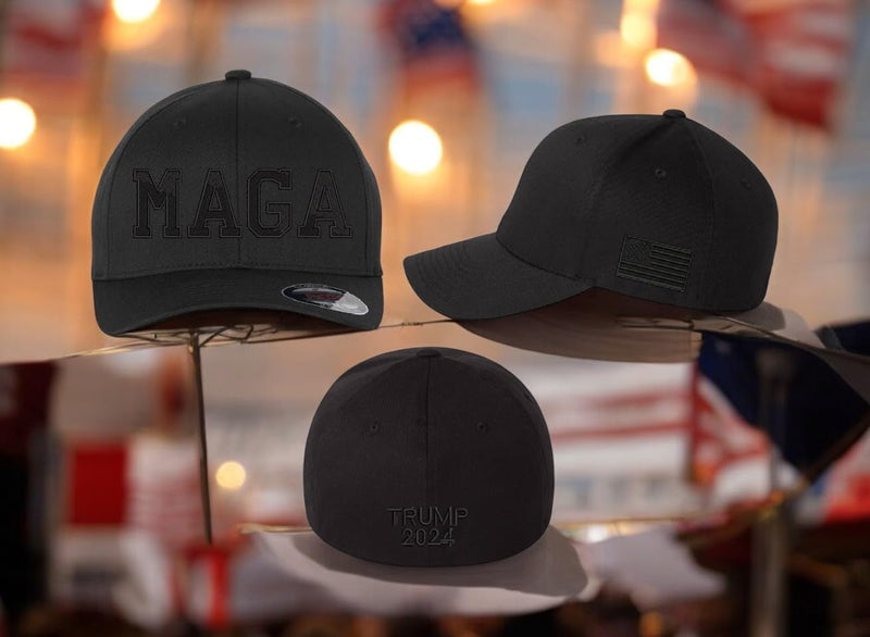 Trump Hat MAGA Hat Making America Great Fitted Black Hat with Side Flag, Trump 2024 on the back. Trump Hat, Trump 2024 Make America Great MAGA Trump hat political support hat