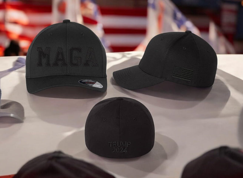 Trump Hat MAGA Hat Making America Great Fitted Black Hat with Side Flag, Trump 2024 on the back. Trump Hat, Trump 2024 Make America Great MAGA Trump hat political support hat