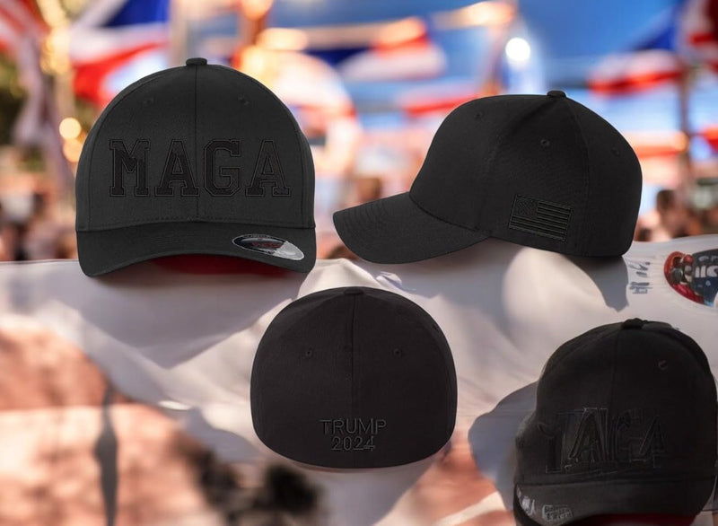 Trump Hat MAGA Hat Making America Great Fitted Black Hat with Side Flag, Trump 2024 on the back. Trump Hat, Trump 2024 Make America Great MAGA Trump hat political support hat