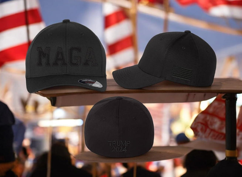 Trump Hat MAGA Hat Making America Great Fitted Black Hat with Side Flag, Trump 2024 on the back. Trump Hat, Trump 2024 Make America Great MAGA Trump hat political support hat