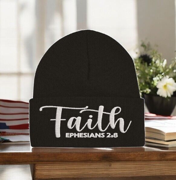 Jesus Christ Winter Beanie Hat FAITH EPHESIANS 2:9 Embroidered Winter Beanie Hat