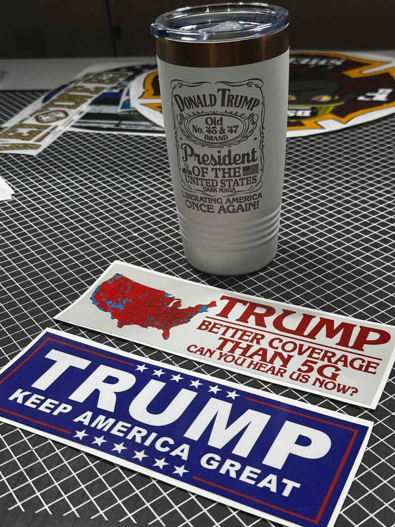 Trump 2025 - Old No. 45 & 47 Engraved 20oz Tumbler and 2 bumper stickers MAGA