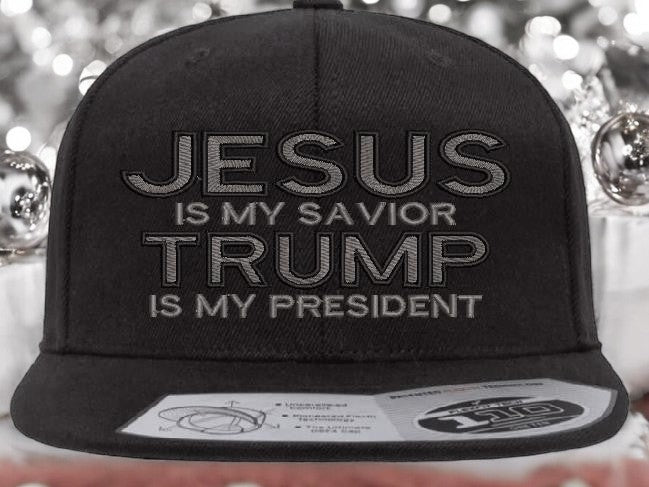 Jesus is my savior Trump is my President Adjustable 110F Flex Embroidered Black Flat Bill Bal Cap.