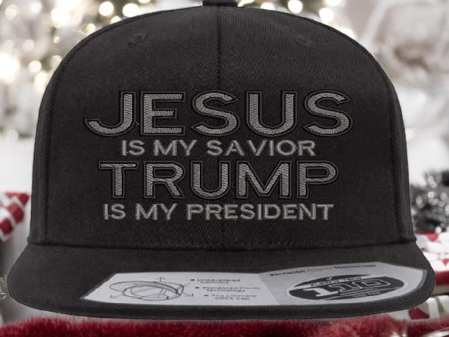 Jesus is my savior Trump is my President Adjustable 110F Flex Embroidered Black Flat Bill Bal Cap.