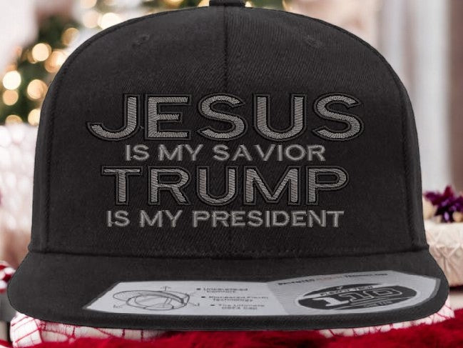 Jesus is my savior Trump is my President Adjustable 110F Flex Embroidered Black Flat Bill Bal Cap.