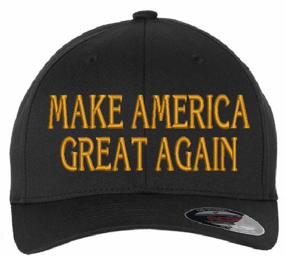 Trump 2024 Hat - Make America Great Gold Embroidery Flex Fit hat with USA Flag, Never Surrender and Trump 2024 on the back