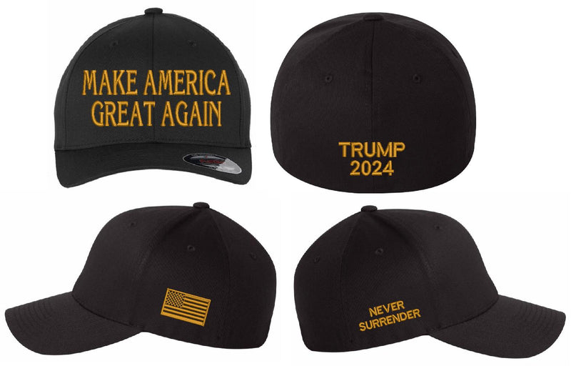 Trump 2024 Hat - Make America Great Gold Embroidery Flex Fit hat with USA Flag, Never Surrender and Trump 2024 on the back