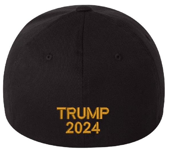 Trump 2024 Hat - Make America Great Gold Embroidery Flex Fit hat with USA Flag, Never Surrender and Trump 2024 on the back