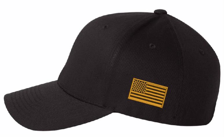 Trump 2024 Hat - Make America Great Gold Embroidery Flex Fit hat with USA Flag, Never Surrender and Trump 2024 on the back