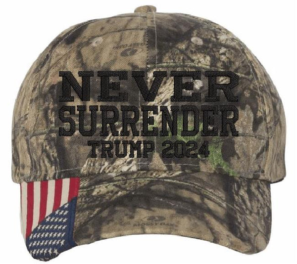 Never Surrender MAGA TRMP 2024 Embroidered Hat Mossy Oak