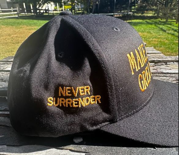 Trump 2024 Hat - Make America Great Gold Embroidery Flex Fit hat with USA Flag, Never Surrender and Trump 2024 on the back