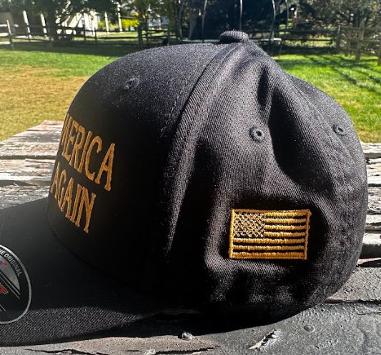 Trump 2024 Hat - Make America Great Gold Embroidery Flex Fit hat with USA Flag, Never Surrender and Trump 2024 on the back