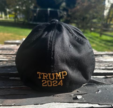 Trump 2024 Hat - Make America Great Gold Embroidery Flex Fit hat with USA Flag, Never Surrender and Trump 2024 on the back