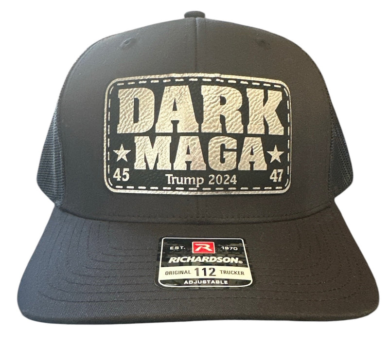 DARK MAGA Hat - Richardson 112 Black Leather Badge Trump 2024 Adjustable Hat Trump Merchandise Trump 2024