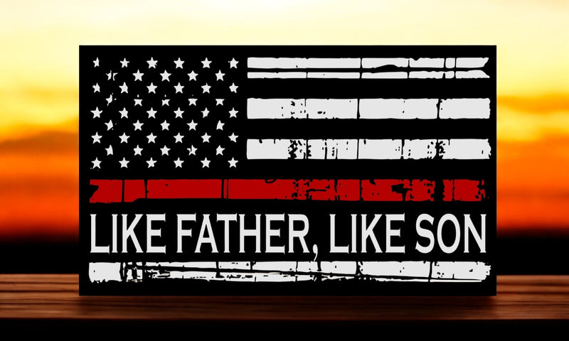 Firefighter Window Decal - Like Father Like Son Reflective Exterior Window Decal for your car or other hard surface.