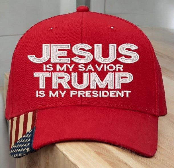 Jesus is my savior Trump is my President Red Flag Brim Embroidered Adjustable hat Trump Hat Trump Supporter USA Flag Brim Hat