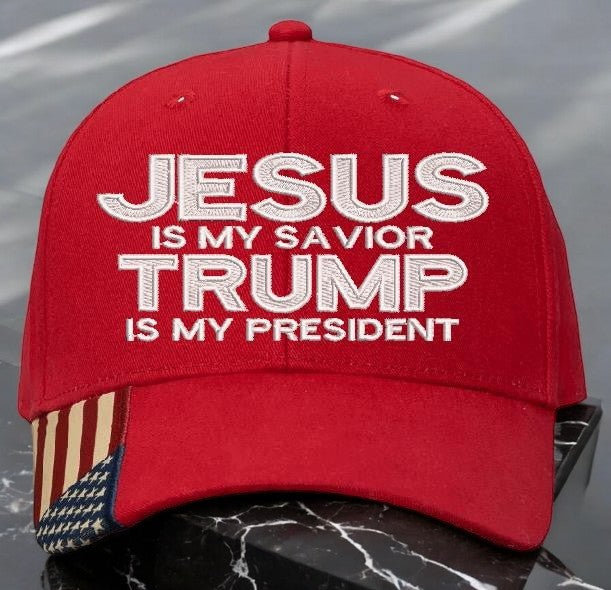 Jesus is my savior Trump is my President Red Flag Brim Embroidered Adjustable hat Trump Hat Trump Supporter USA Flag Brim Hat