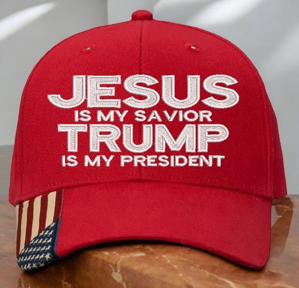 Jesus is my savior Trump is my President Red Flag Brim Embroidered Adjustable hat Trump Hat Trump Supporter USA Flag Brim Hat