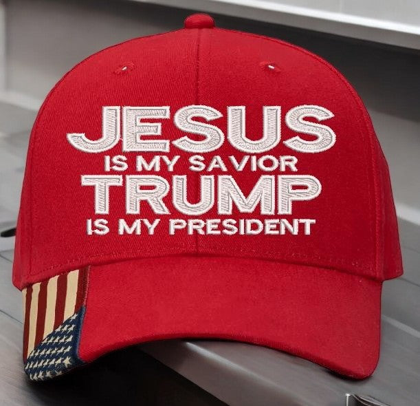 Jesus is my savior Trump is my President Red Flag Brim Embroidered Adjustable hat Trump Hat Trump Supporter USA Flag Brim Hat