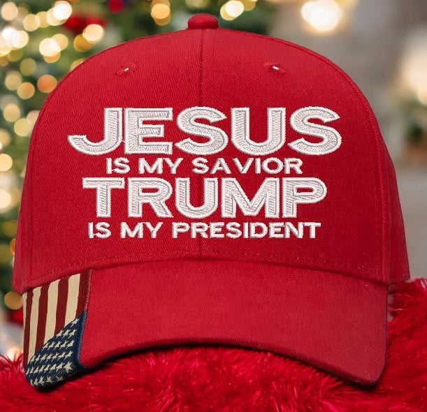 Jesus is my savior Trump is my President Red Flag Brim Embroidered Adjustable hat Trump Hat Trump Supporter USA Flag Brim Hat