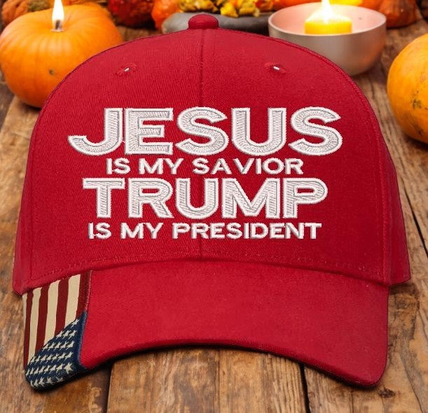 Jesus is my savior Trump is my President Red Flag Brim Embroidered Adjustable hat Trump Hat Trump Supporter USA Flag Brim Hat