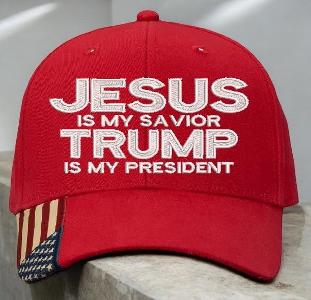 Jesus is my savior Trump is my President Red Flag Brim Embroidered Adjustable hat Trump Hat Trump Supporter USA Flag Brim Hat